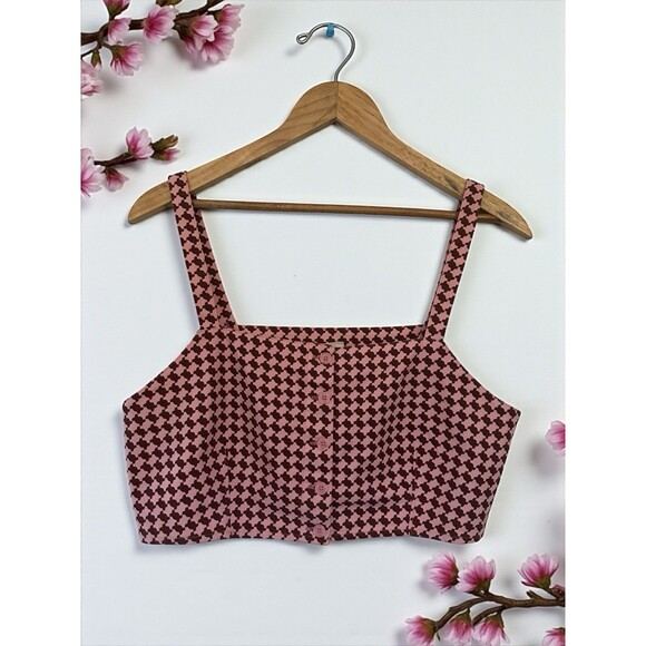 Levi's Geometric Checkered Crop MED Pink Brown Knit Retro Y2K Button Front Tank - Picture 8 of 16